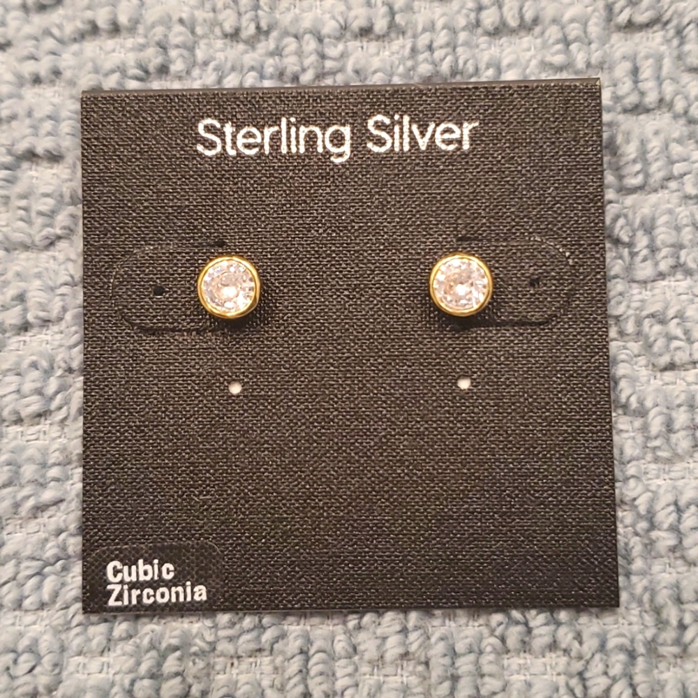 Gold Over Silver, Cubic Zirconia Round Stud Earrings